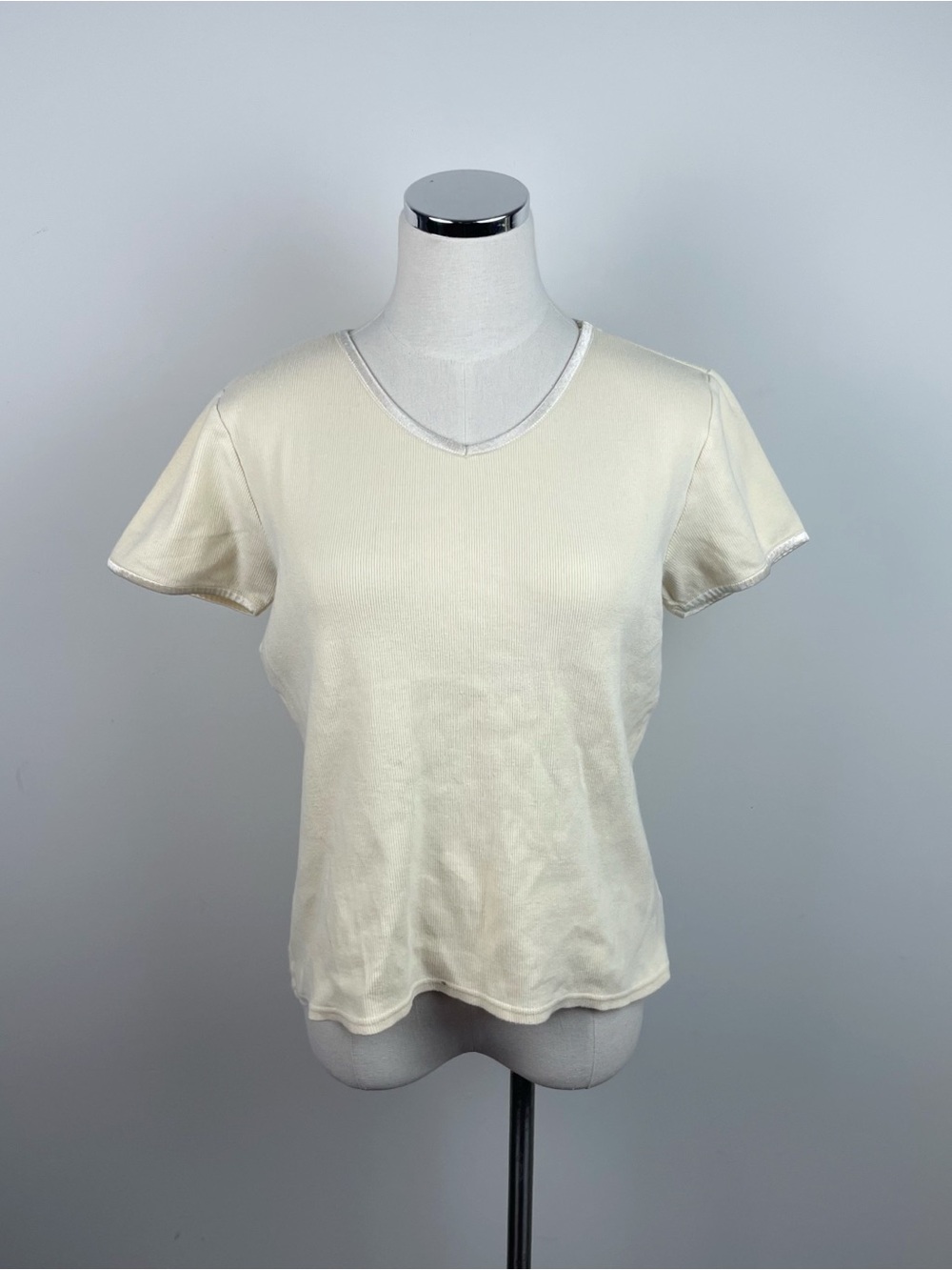 Liz Claiborne Vintage Solid Cream Yellow Ribbed Knit Top Women Large Casual